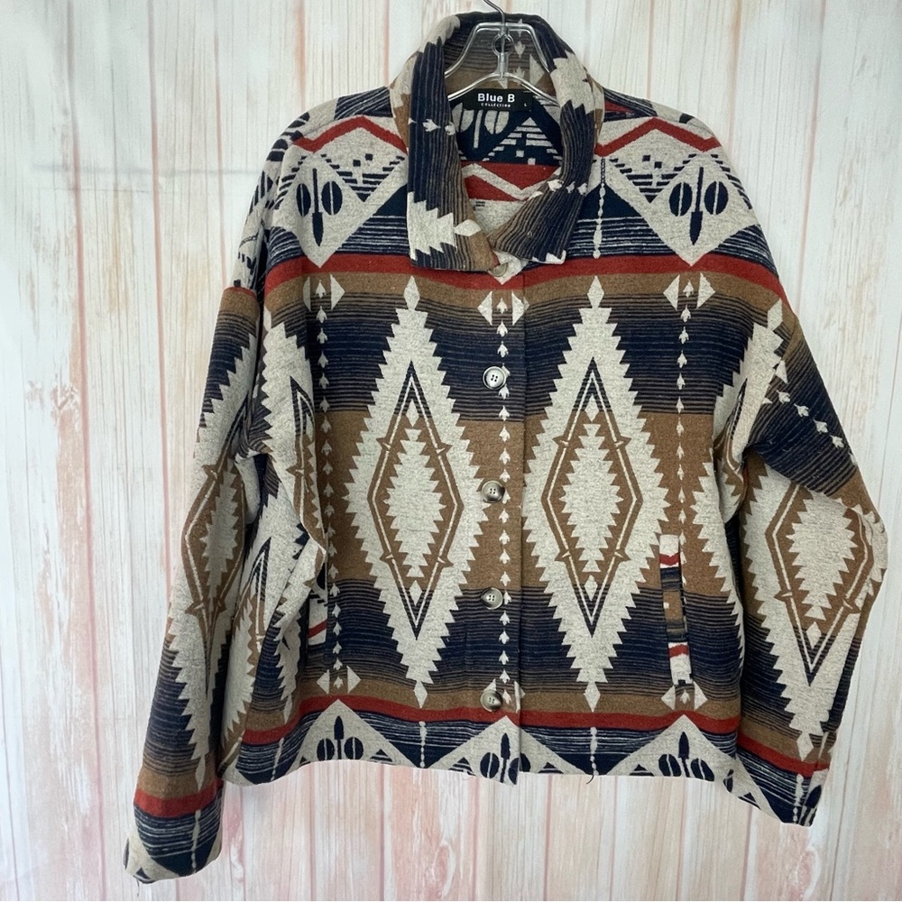 Blue B Aztec Southwestern Geometric Patterned Shacket Jacket Coat (L)